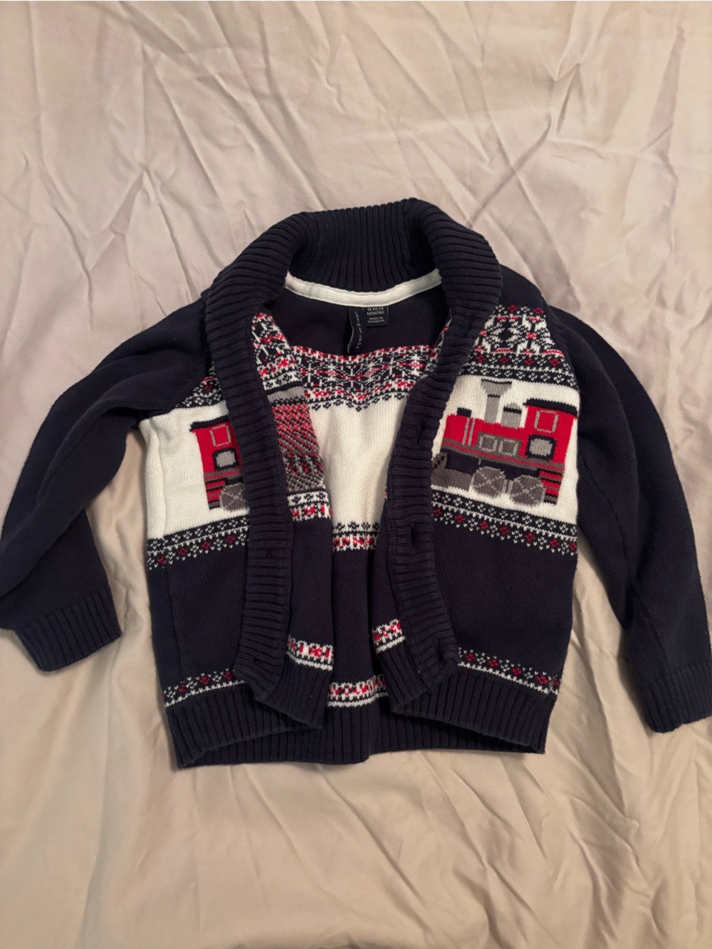 Janie and Jack Navy Knit Cardigan with Red Train Motif